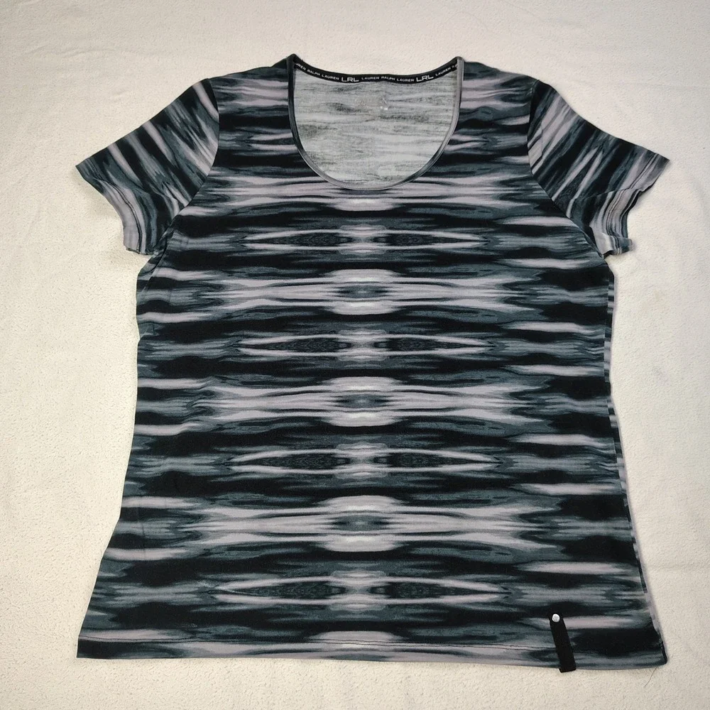 Lauren Ralph Lauren‎ Active Top Women XL Black Grey Abstract Print Short Sleeve